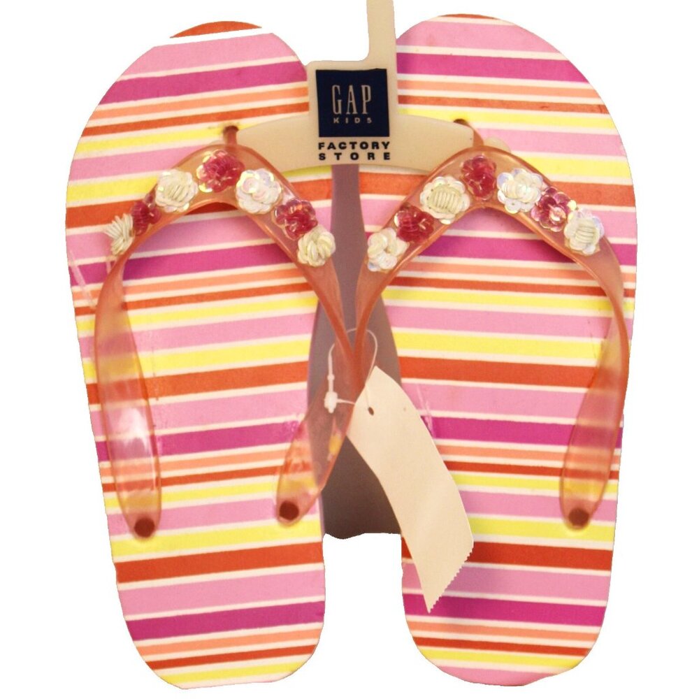 Gap Kids Girls Flip Flops sz 3/4 Thongs Shoes Sequin Flowers Thick Foam Stripes